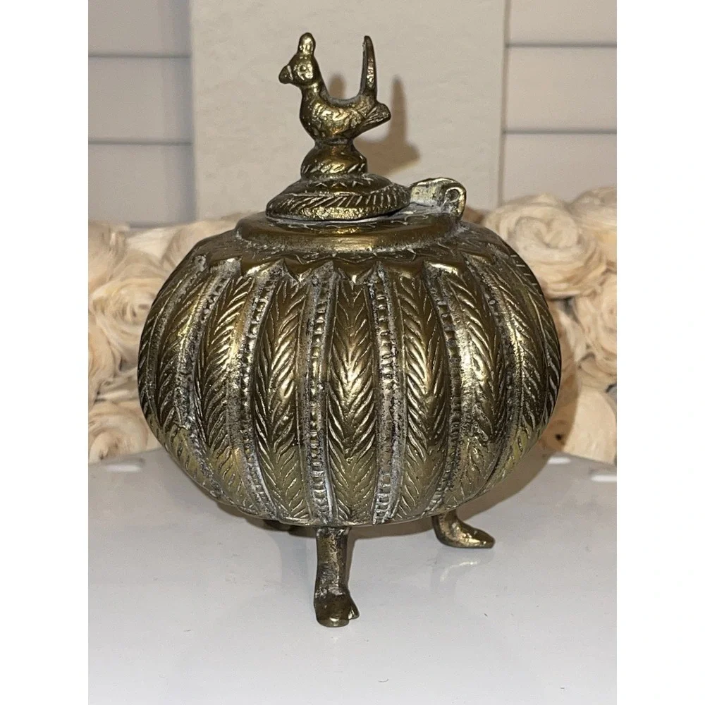 Antique Indian Cast Bronze Mughal‎ Footed Ink Well w/ Peacock Lid & Fluted Sides